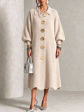 LA ROBE — maille midi beige, face, volume oversize et ourlet festonné