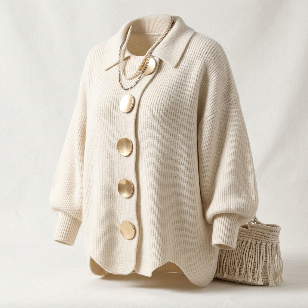 Cardigan en maille oversize vu de trois-quarts, ligne d'épaule et tombé de manche