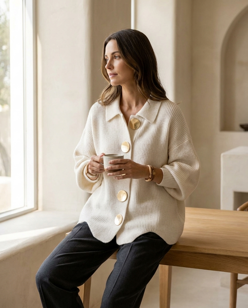 Cardigan porté fermé comme une veste sur un pantalon, assise près d'une fenêtre