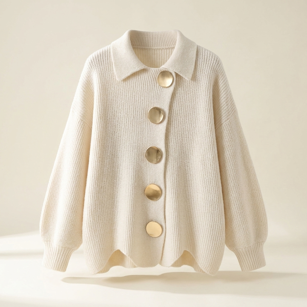 Cardigan en maille oversize à col tailleur, vue de face sur fond crème