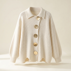 Cardigan en maille oversize à col tailleur, vue de face sur fond crème