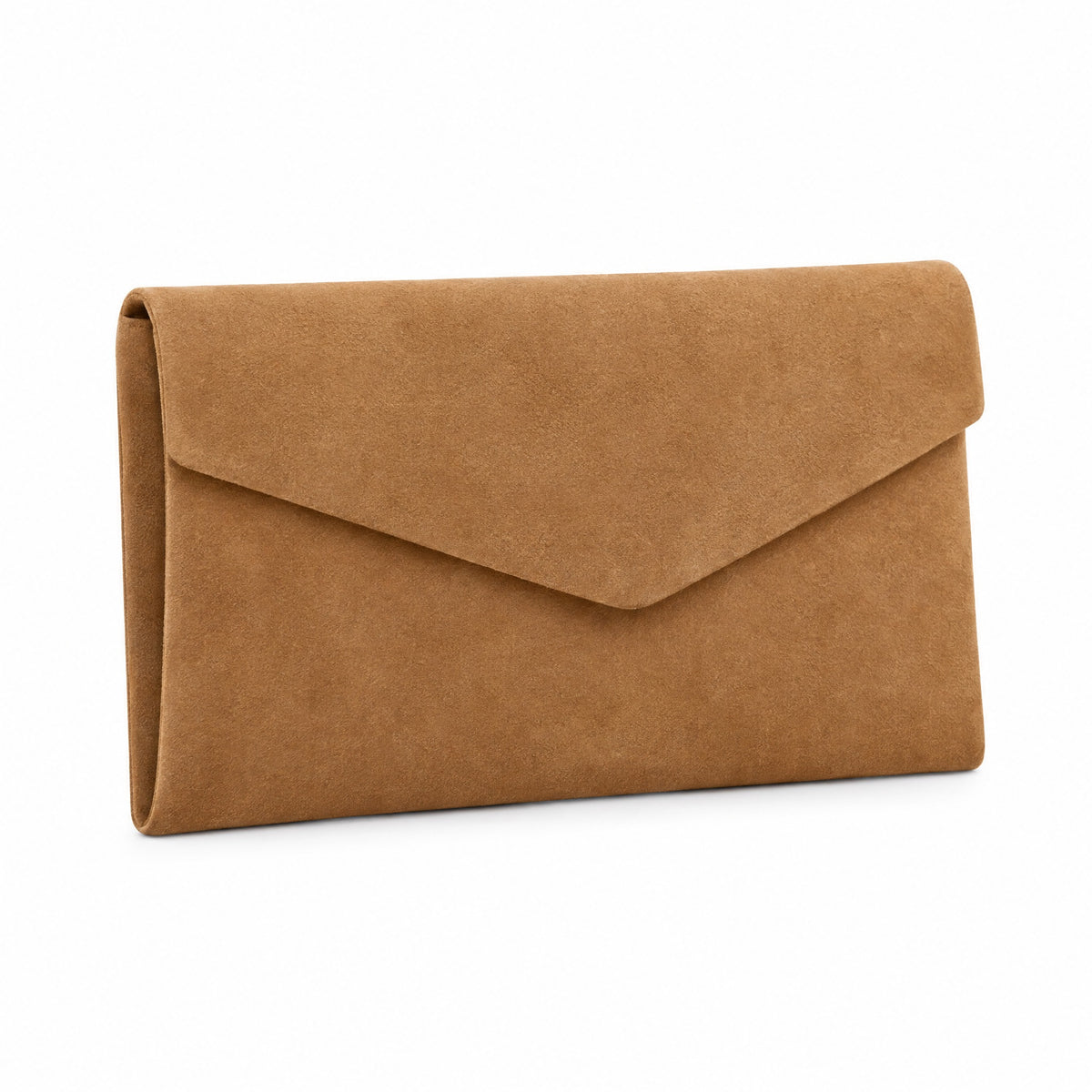 LA POCHETTE — enveloppe en daim synthétique camel, rabat triangle, sans anse